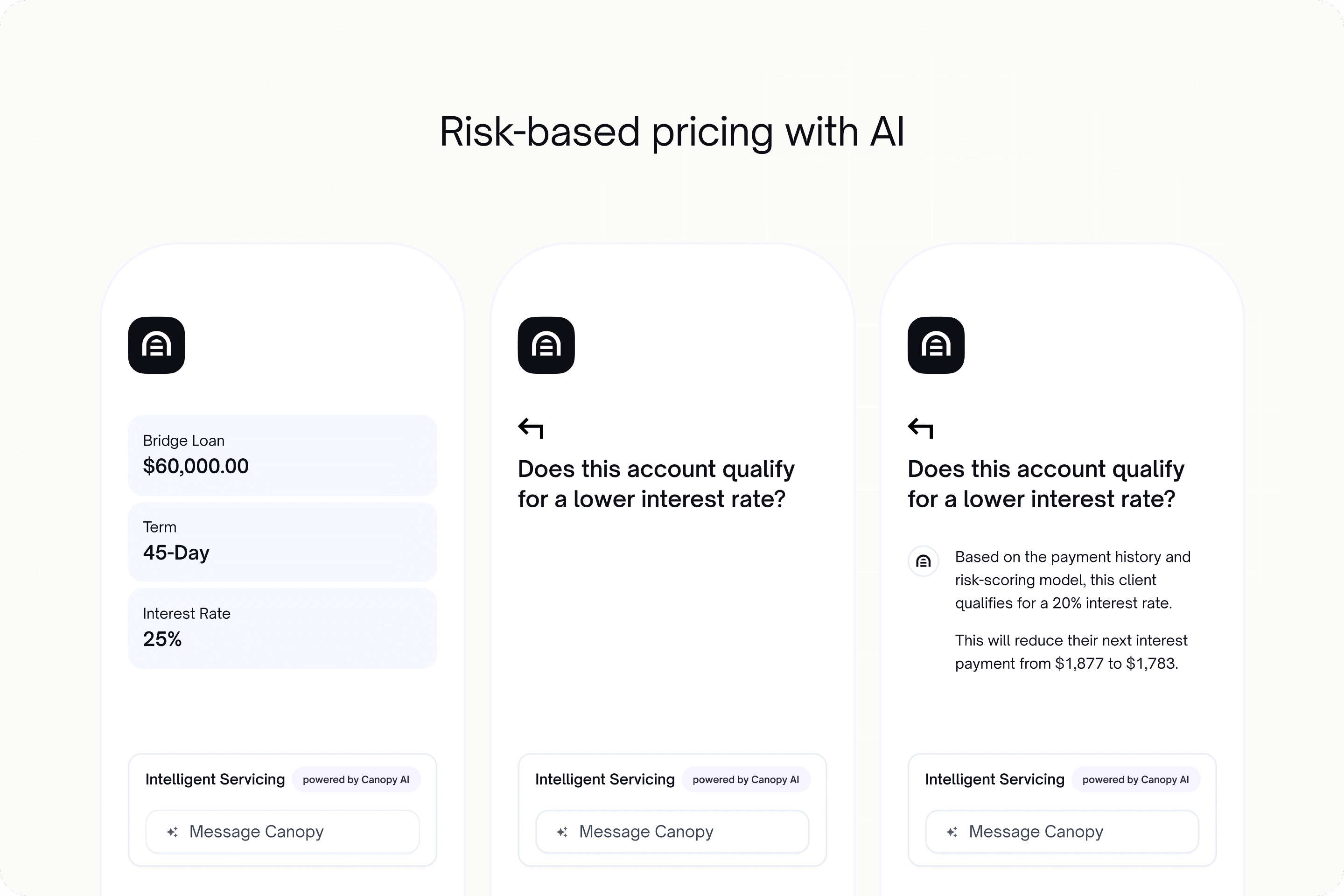 Example of AI in lending, with simulated product UI